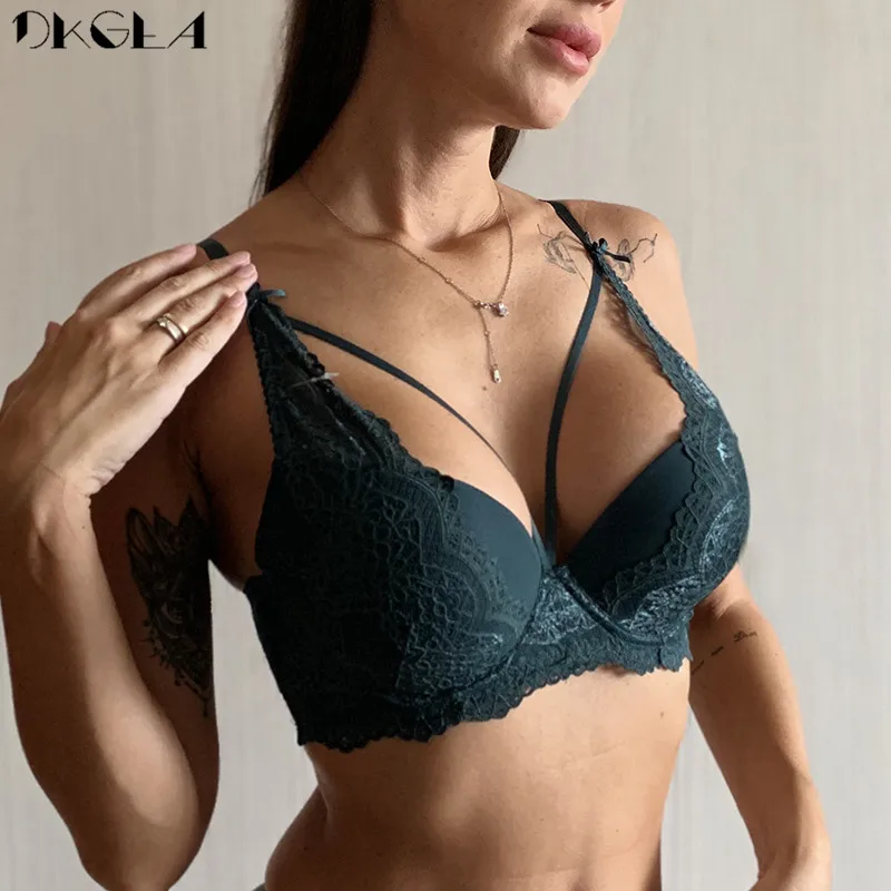Ceny Moda nowy zielony bielizna damska biustonosz Push Up biustonosz A B C kubek bawełna gruby czarny zebrać Sexy biustonosz hafty koronkowa bielizna