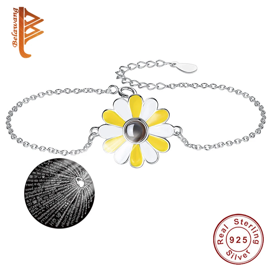 BELAWANG, 925 пробы, серебро, 100 языков, я люблю тебя, цветок маргаритки, женские браслеты, браслеты для женщин, подлинные серебряные ювелирные изделия
