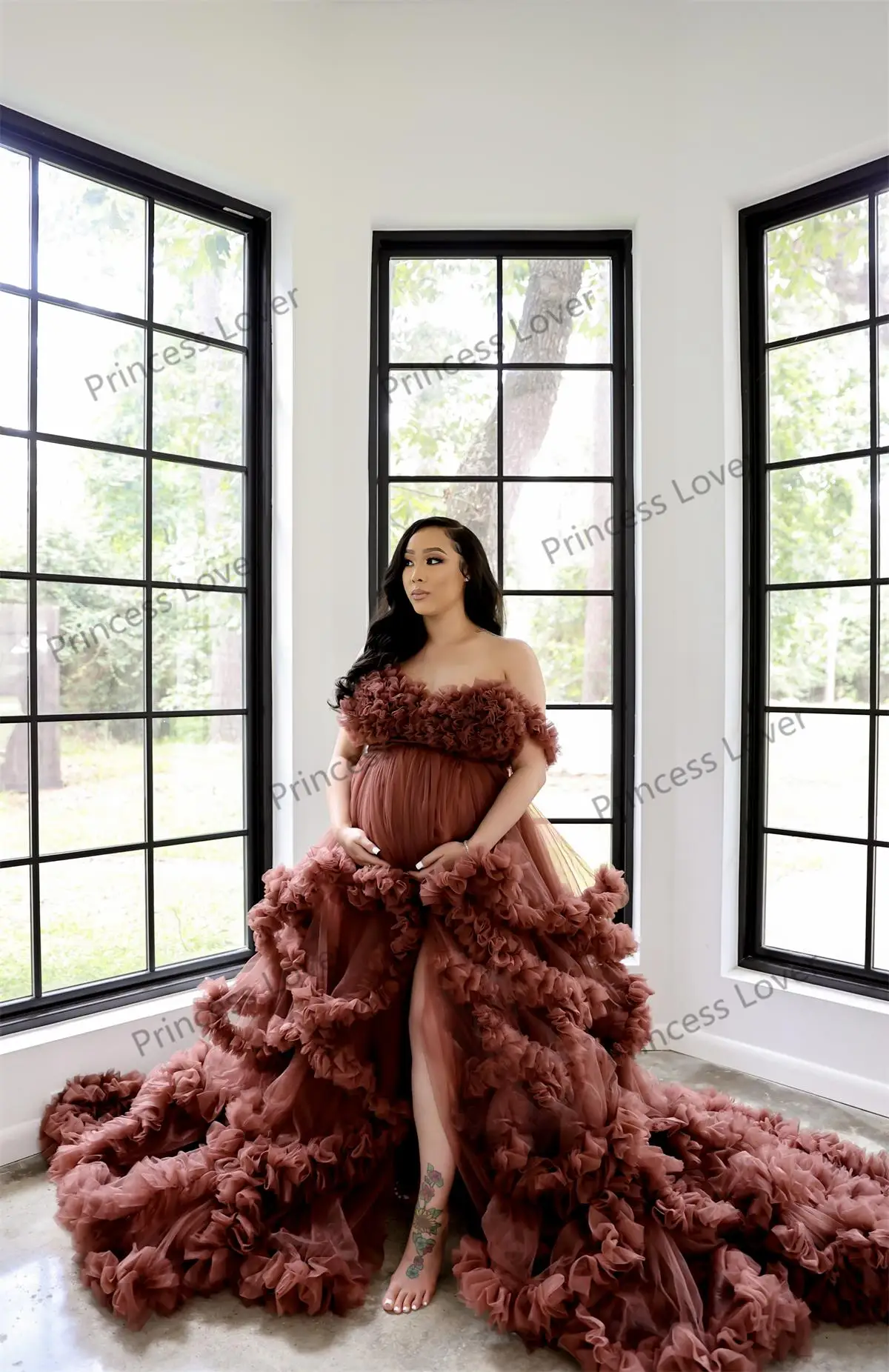 V Neck Ruffles Prom Dresses for Pregnant Women Front Split Evening Dress Maternity Gowns for Photo Shoot Robes