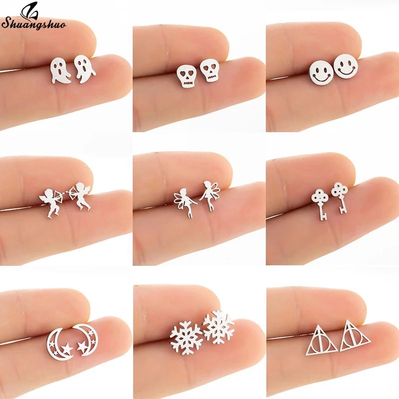 Shuangshuo Schöne Schädel und Ghost Stud Ohrringe Edelstahl Cartoon Winzigen Ohrringe Modeschmuck für Frauen Halloween Geschenk