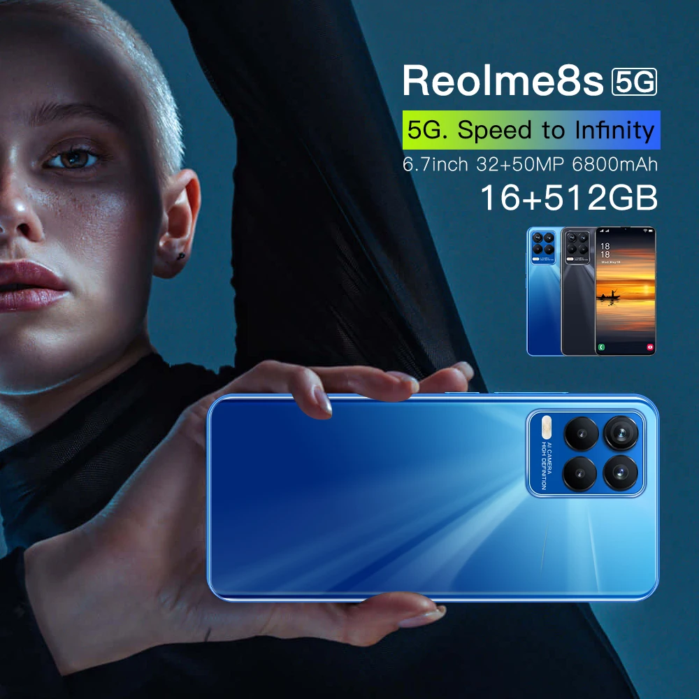 Reolme8s 5G smartphone 16GB+512GB 6.7-inch water drop screen 6800mAh phone Android 11 gaming phone