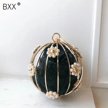 

[BXX] Hollow Out Cage Evening Bag Women 2020 New Fashion Pearl Diamond Personality Circular Clutch Bag Ladies Dinner Party HJ725