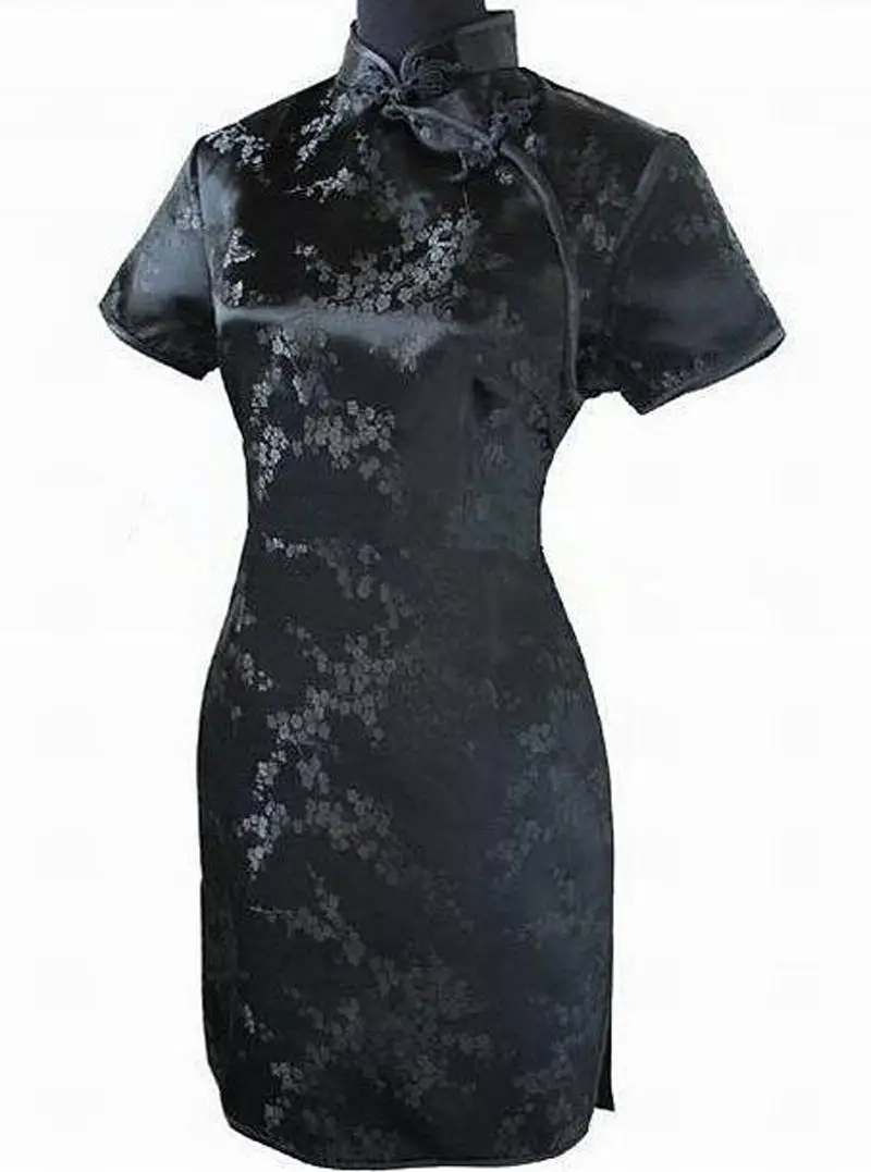Винтажное платье Ципао с цветочным принтом, большие размеры 3XL-6XL, традиционное тонкое азиатское женское платье, китайское мини платье Ципао, классическое платье - Цвет: Черный
