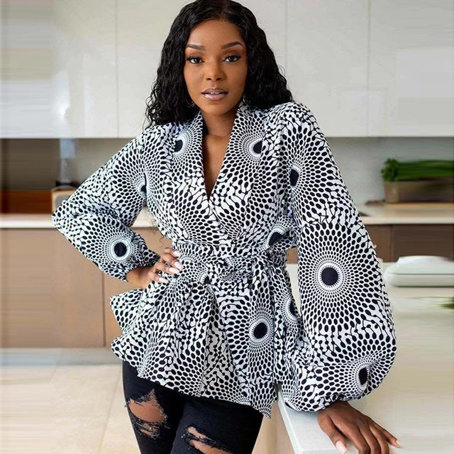 Chioma Lantern Sleeve Print Peplum Top