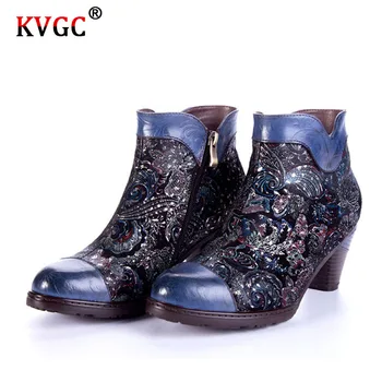 

KVGC 2020New High quality Genuine Leather Embossing fashion Boot Women Shoes four seasons Zip Round Toe Mixed Colors Ankle Boots