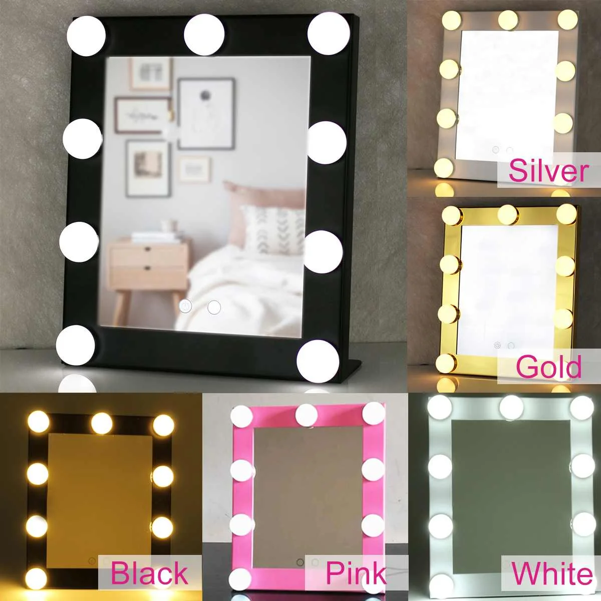 

Tabletops Warm/Cool Lighted Makeup Mirror With 9 LED Bulb Lights Touch Screen Beauty Mirror Adjustable Cosmetic Tool