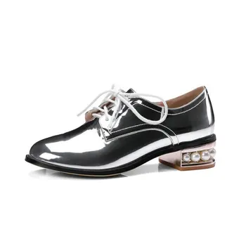 

Pearl Low-heeled Lace-up Mirrored Leather Shoes Non-slip Bullock Women's Singles Shoes Free Shipping Oxford Shoes For Women