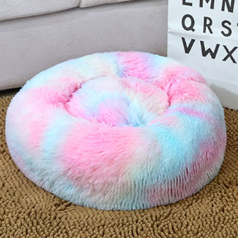 CONG Fee мягкая теплая круглая длинная плюшевая кровать для питомца кошки легко моется кровать для собаки теплый дом для питомца - Цвет: rainbow