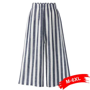 

Plus Size Elastic Waist Wide Leg Cotton And Linen Stripe Pants 3Xl 4Xl 6Xl Spring Summer Beach High Waist Capris Trousers