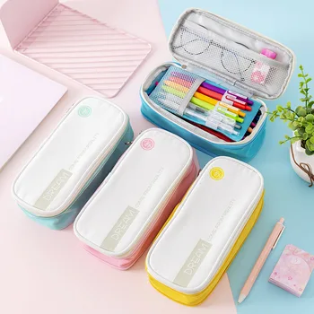 

Large Capacity Canvas Macaron Color Pencil Case Kawaii Stretch Double Layer Pencil Box Cute Pencilcase Kids School Stationery