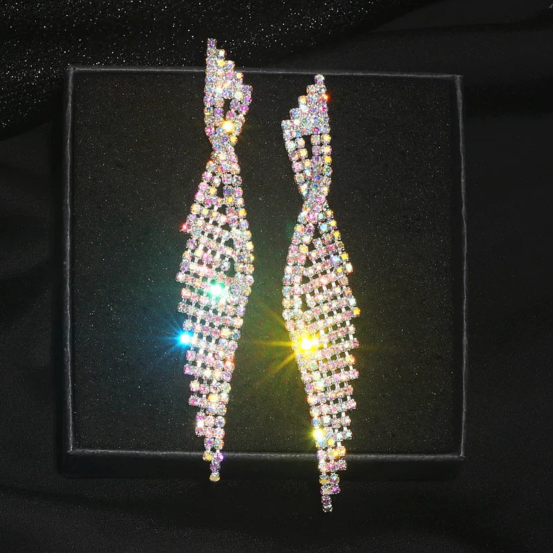 2020 Luxury Bling Colorful Crystal Rhinestone Long Tassel Earrings For Women Bridal Big Drop Dangle Earrings Wedding Jewelry