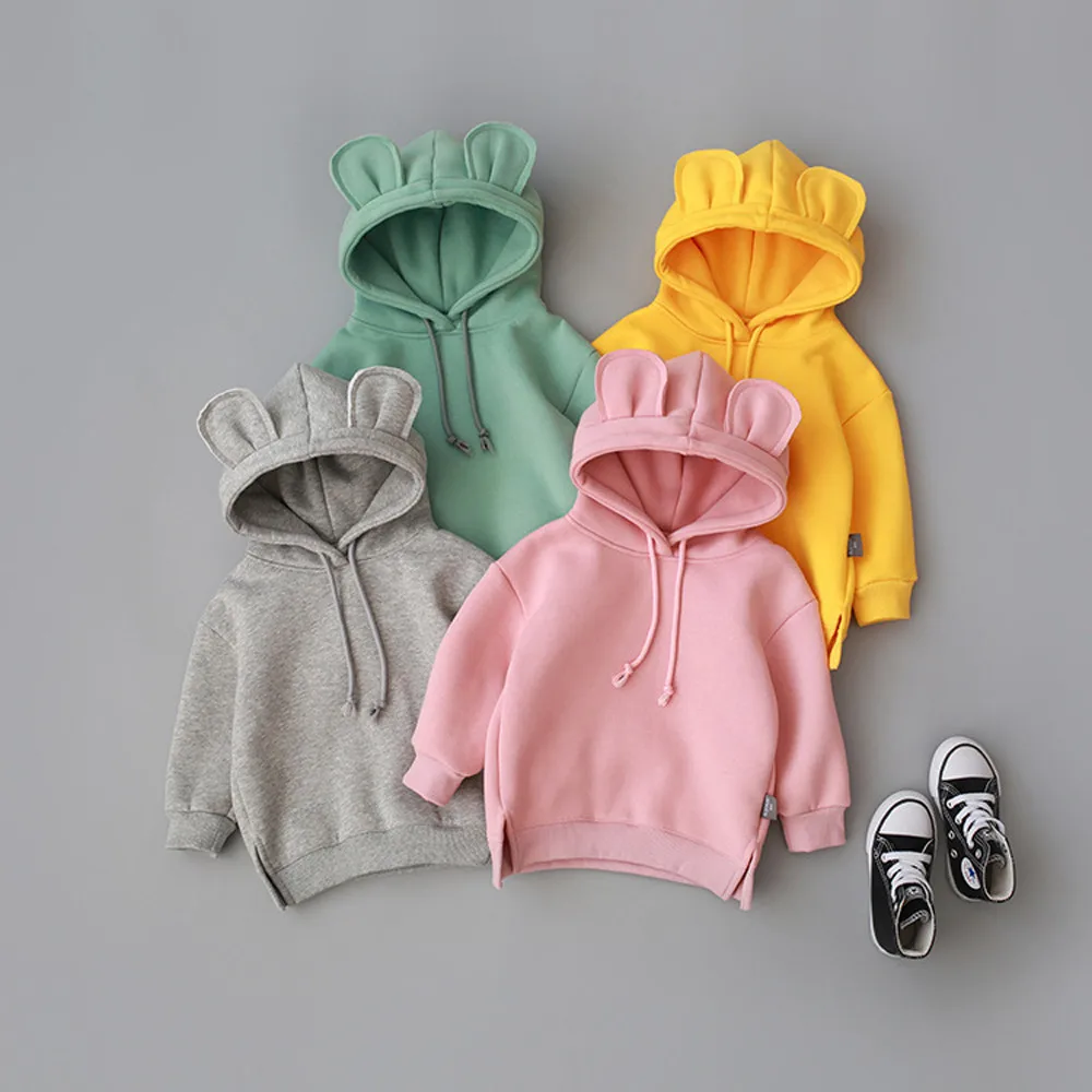 Детский Одноцветный флисовый свитер с капюшоном для маленьких мальчиков и девочек; толстовка с капюшоном и объемными ушками; топы; Прямая поставка