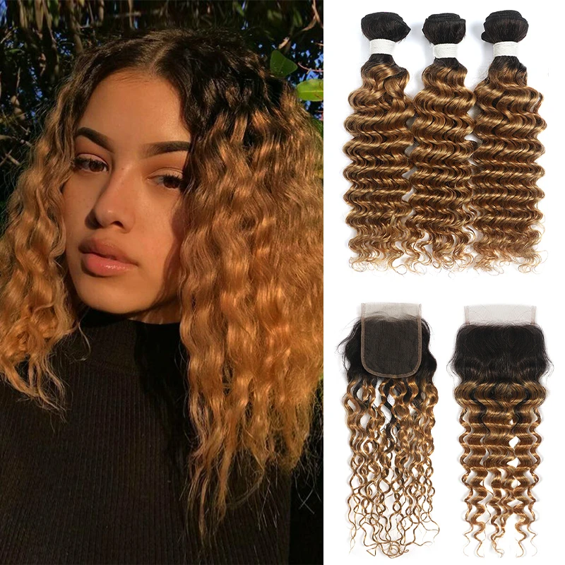 T1B/27 Ombre Blonde Bundles With Closure 4x4 SOKU Brazilian Deep Wave Human Hair Weave Lace Non-Remy | Шиньоны и парики