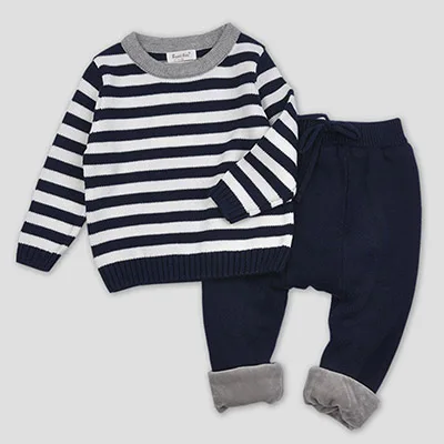 Navy blue Осенне-зимний утепленный свитер в полоску с длинными рукавами с добавлением шерсти для маленьких мальчиков+ штаны-шаровары детская одежда Комплекты для девочек - Цвет: Navy blue