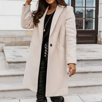 

2020 Autumn Women Wool Coat Long Sleeve One Button Fashion Turn Down Female Blends Causal Loose business Coat Winter Outwear
