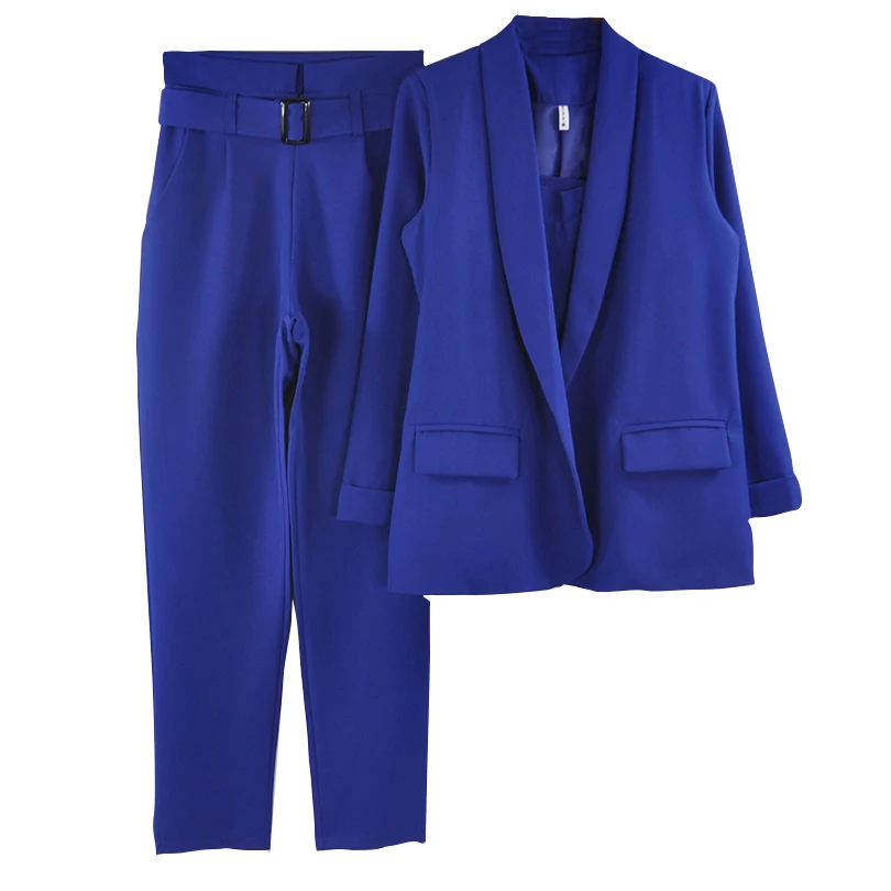 TYHRU женский однотонный Блейзер костюм из трех предметов куртка с зубчатым воротником укороченный топ на бретельках и брюки деловые комплекты - Цвет: Royal Blue