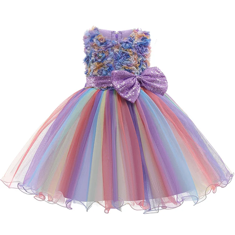 High Quality Summer Girls Dress Rainbow Mesh Bow Birthday Party Dance Costume Little Princess Dress Kids Clothes 1-10 Years Old