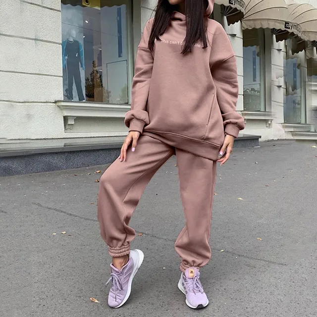 Two Piece Set Casual Fleece Tracksuit Women Winter 2021 Women's Sets Oversized Hooded Long Sleeve Hoodie Sport Pants Lady Suit 02 Dark Pink Print