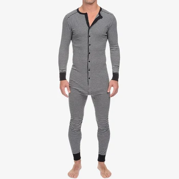 

INCERUN Leisure Striped Playsuits Mens Long Sleeve O Neck Sleepwear Jumpsuits Fitness Buttons Rompers Homewear Mens Onesies 5XL7
