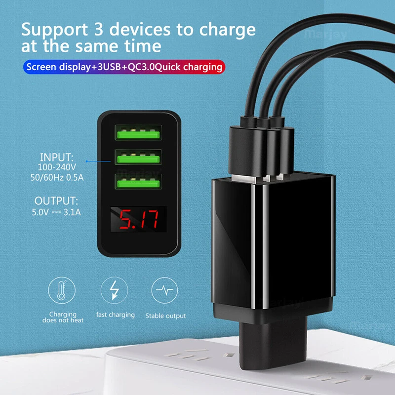 3 порта USB настенный выключатель умный мобильный сотовый телефон Зарядное устройство для huawei коврики 30 20 светодиодный Дисплей, быстрая зарядка, EU/US/UK вилка стол Зарядное устройство