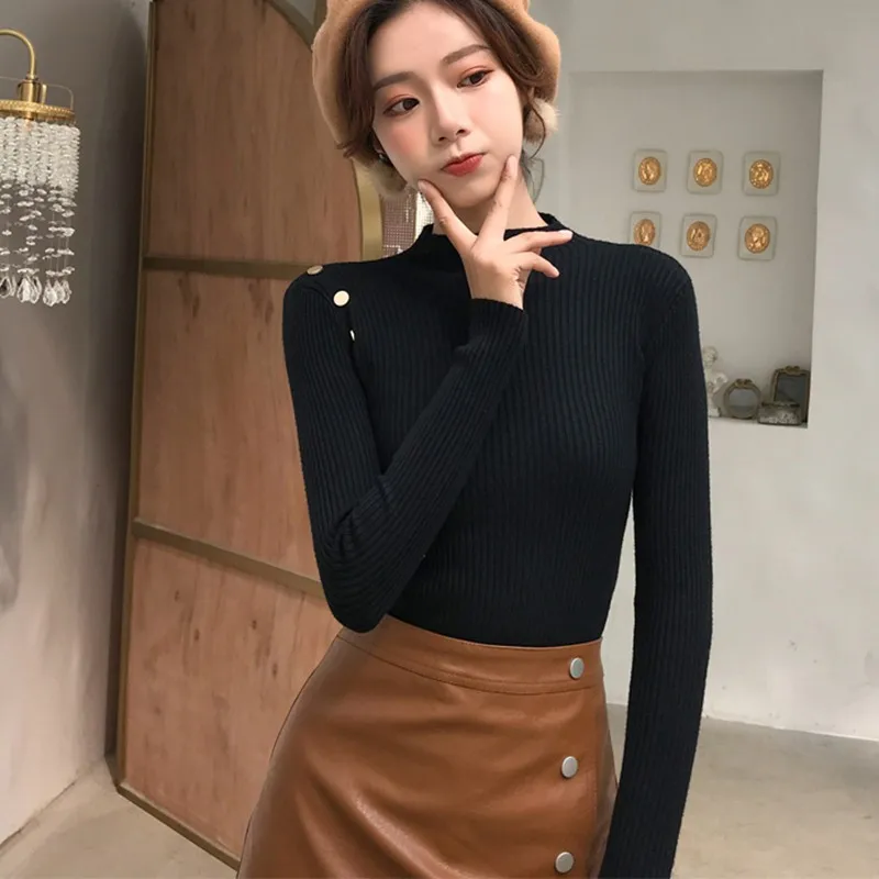 Black sweater Women Autumn Winter New Button Slim Turtleneck Sweater Female Simple All-match Solid Color Knit Pullover Sweaters