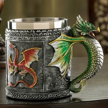 

Tankard Home Retro Stainless Steel Tea Beer Hand-painted Kitchen 3D Pattern Party Gift Drinking Coffee Dragon Mug