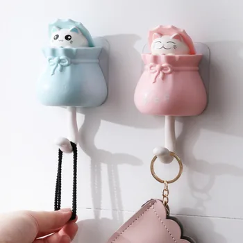 

1pc Cartoon Cat Decorative Hooks Wall Mounted Adhesive Coat Hanger Hat Rack Key Sundries Organizer Kitchen Bathroom Accessories