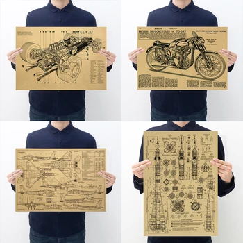 

AIMEER Retro kraft paper poster airplane motorcycle rocket racing design sketch home vintage decoration painting wall stick