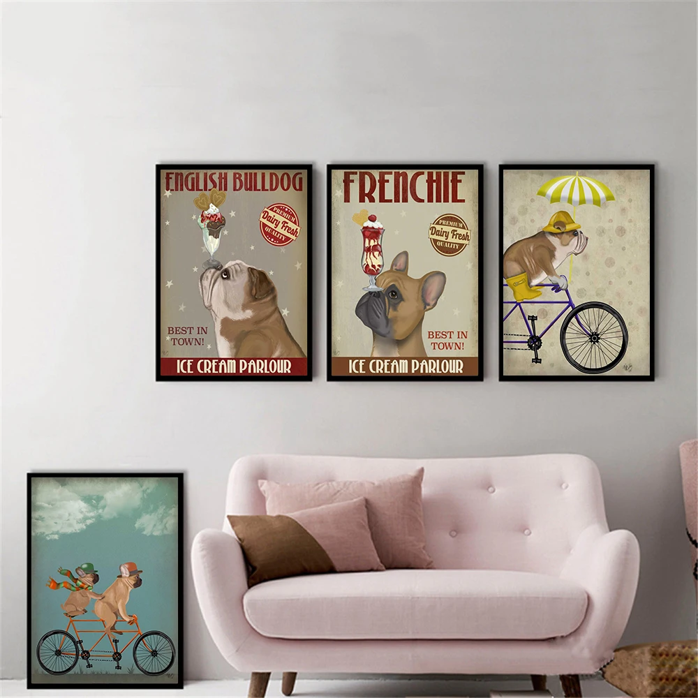 English Bulldog Ice Cream Dog Painting Canvas Pictures for Living Room Bicycle Wall Art Retro Posters and Prints Quadros | Дом и сад