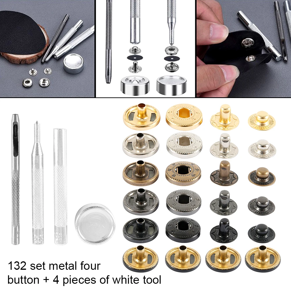 132pcs Leather Snap Fasteners Kit 6 Colors Metal Snap Buttons Press Studs 4 Pieces Fixing Tools Storage Box for DIY Supplies