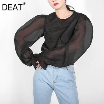 

DEAT 2020 New Spring Summer Round Neck Long Lantern Sleeve Mesh Hollow Out Perspective Loose Shirt Women Blouse Fashion JR25