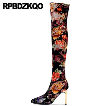 

crotch high floral print shoes thigh sheepskin luxury women flower printed over the knee metal heel boots red stiletto slim