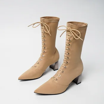 

Women Ankle Sock Boots 2019 Fashion Autumn Winter Cross Strap Stretch Boots Chunky High Heels Pointed Toe Women Shoes