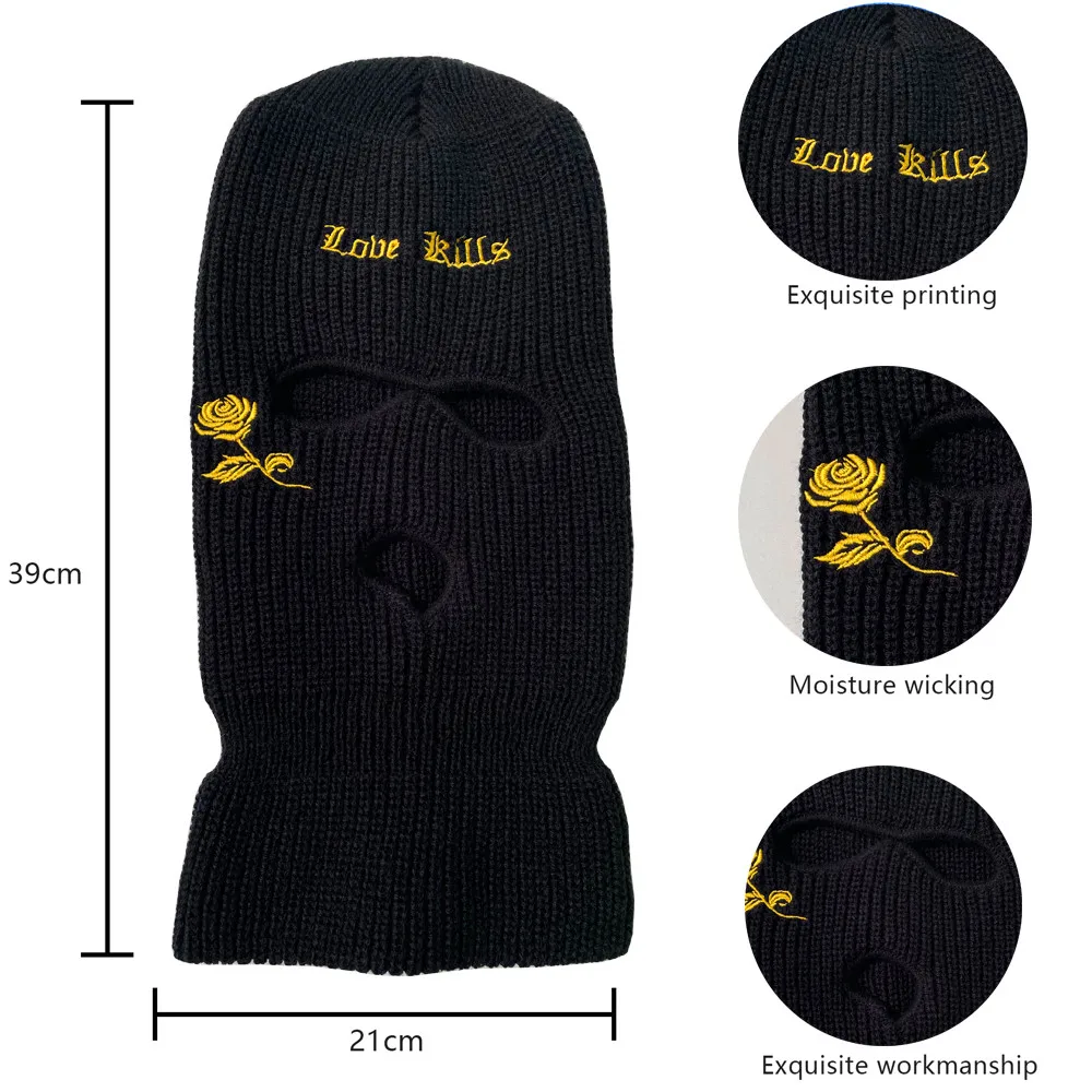 best beanie brands 3-Hole Knitted Rose Flower/Broken Heart Embroidery Face Cover Ski Mask Winter Balaclava Warm Full Face Mask for Outdoor Sports black skully hat