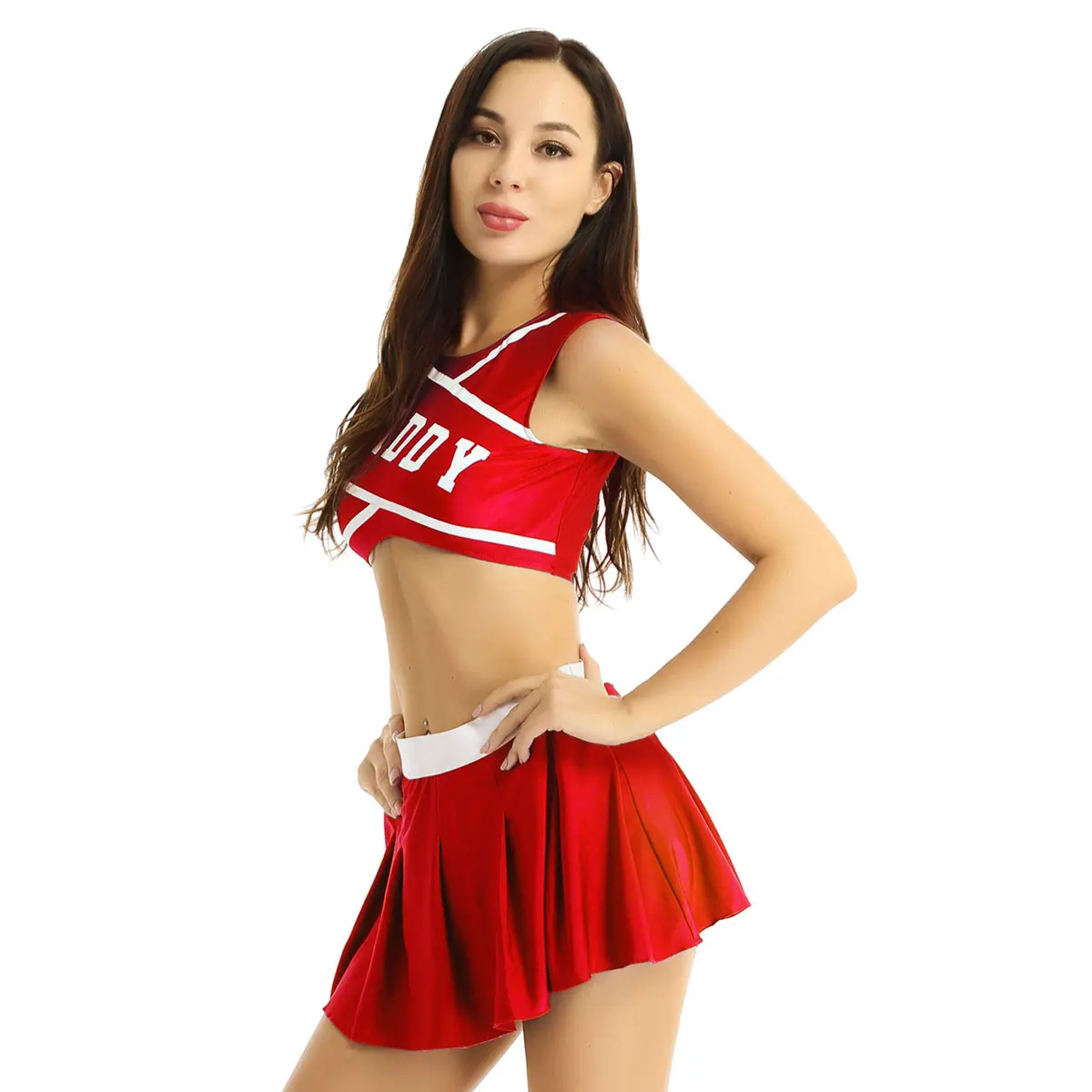 Womens Adult Cheerleading Uniform Outfit Sexy School Girls Cosplay Dance Costume Dancewear Crop Top with Mini Pleated Skirt