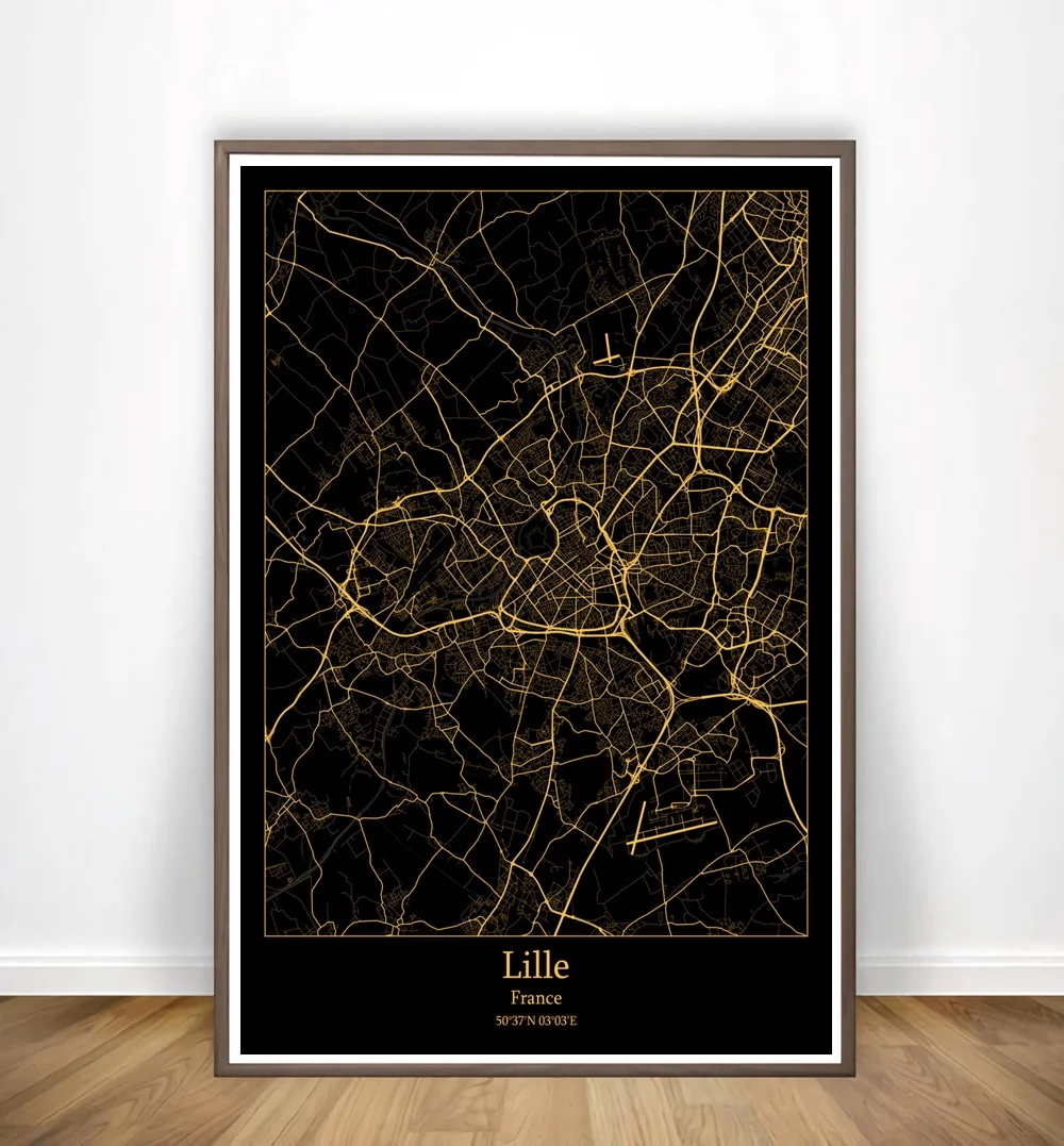 

Lille France,Ottawa,Paris,Perth,Pittsburgh,Porto Portugal,Modern City Gold Map Canvas Art Print Home Room Decor Poster