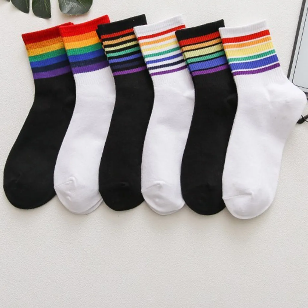2 pairs of lovers wild rainbow striped cotton socks loaded deodorant sweat-absorbent warm casual sports office autumn winter new