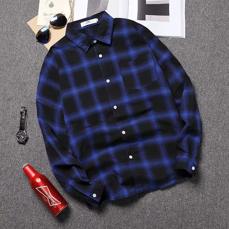 shirt man Весенне-осенняя длинная рубашка с карманом мужская одежда Slim Fit Мужская клетчатая рубашка с длинным рукавом Повседневная Уличная мужская рубашка - Цвет: shirt man