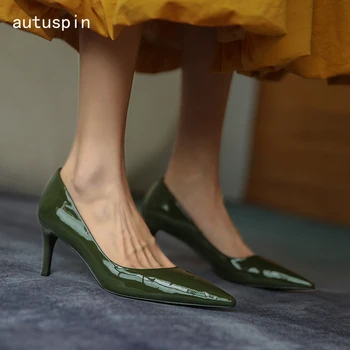 

autuspin Basic Cow Patent Leather Women Shoes Autumn Concise Genuine Leather High Heel Female Soft Party Office Pumps Multicolor