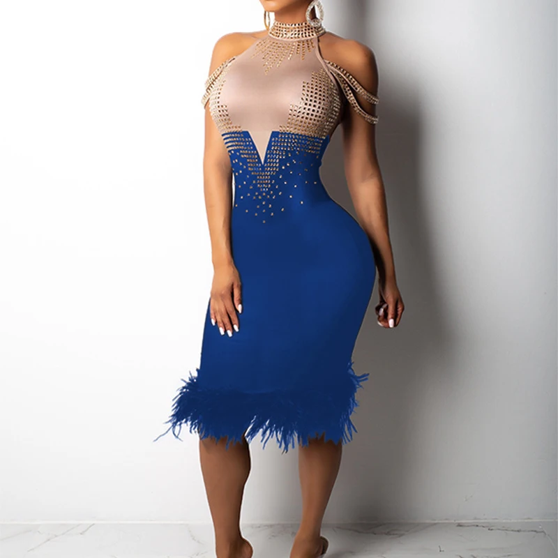 Женское элегантное сексуальное коктейльное Бандажное платье миди с открытыми плечами, вечерние платья - Цвет: Синий