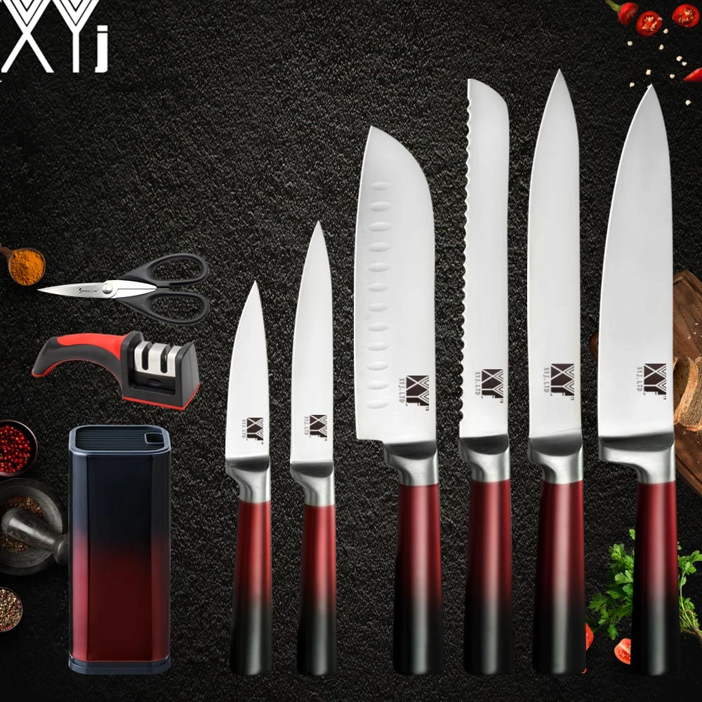 

XYj Kitchen Stainless Steel Knives Set Knife Sharpener Scissor 8'' Chef Bread Slicing 7'' Santoku 5'' Utility 3.5'' Paring Knife