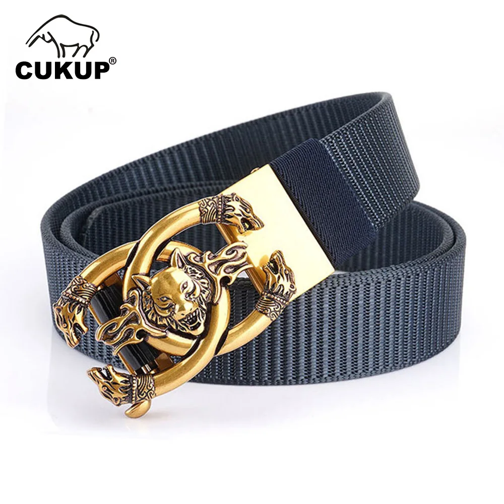 

CUKUP 2020 Quality Blue Nylon & Canvas Belts Men Unique Design Wolf Pattern Buckle Metal Men's Accessories 3.5cm Width CBCK267