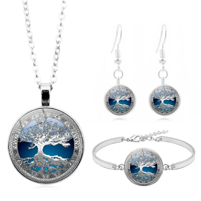 

Accessories Celtic Tree of Life Time Stone Necklace Set Silver Bracelets Ear Stud Ornament Set