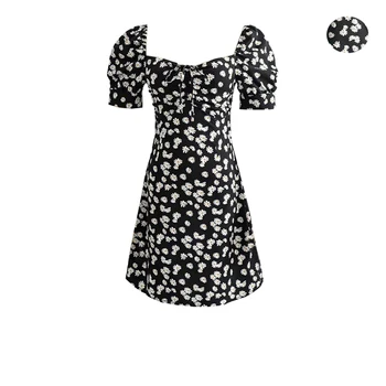 

Women 2020 Spring And Summer French Bubble Sleeve Dress Empire Waist Square Neck Print Foral Dresses
