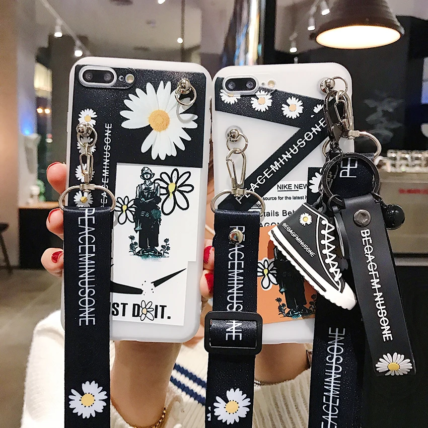 

3D Cute Soft Paint Daisy Flower Cover Silicone Phone Case With Neck Rope For iPhone 6 6S 6plus 7 8 plus x xs max 11 Pro Max