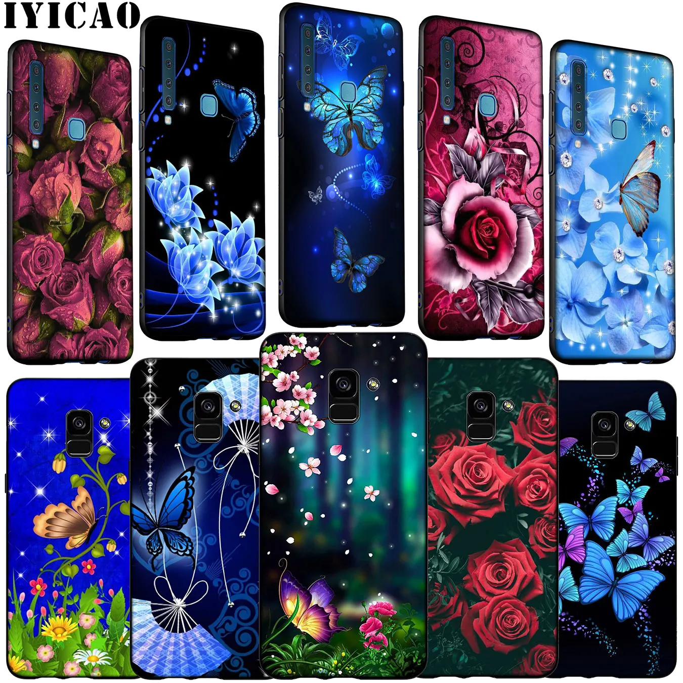 Butterfly Blue flower Luxury rose Soft Silicone Phone Case for Samsung Galaxy A6 A7 A8 A9 2018 A3 A5 2016 2017 Note 9 8 10 Plus |