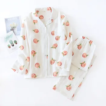 

Pajamas Women's Spring&Autumn Cotton Gauze Cardigan 2PCS Sleepwear Printed Peaches Thin Long Sleeve Soft Home Clothing Suit
