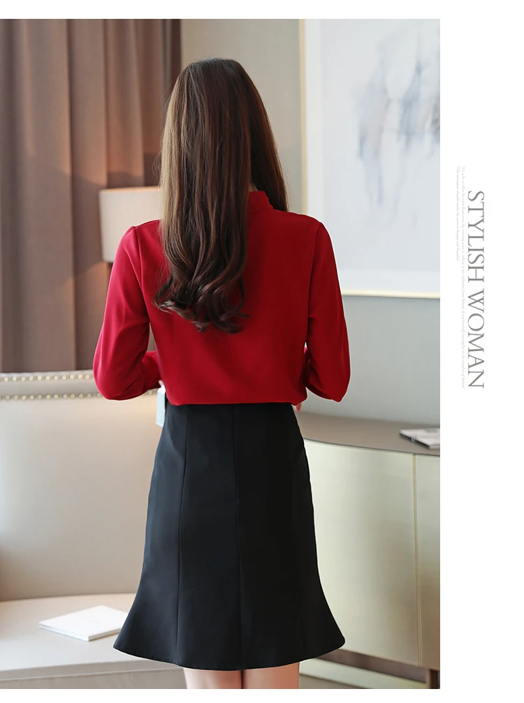 Dingaozlz blusa feminina Elegant Chiffon shirt Long sleeve Ladies blouse Red White Office lady shirt Patchwork Women Tops