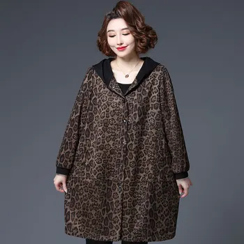 

Large size women's autumn leopard print thin windbreaker new fashion hooded jacket mid-length single-breasted windbreaker