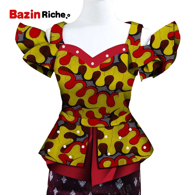 Fashion Shirt African Print Top for Women Bazin Riche Pearls Double Ruffles Top Cotton Dashiki African Clothing WY5096